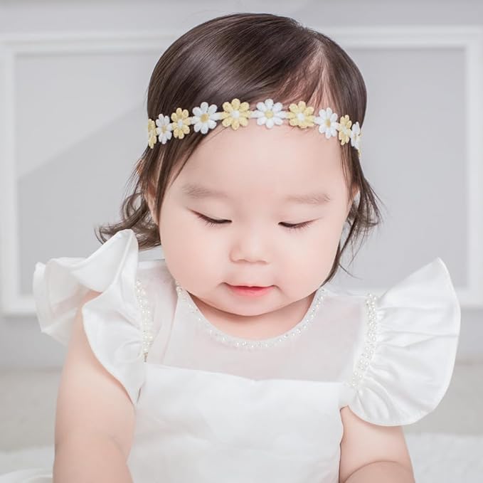 Cinaci 8 Pack Gold Delicate Flower Butterfly Leaf Stretchy Lace Headbands Baby Baptism Shower Christening Photo Props Hair Accessories for Baby Girls Infants Toddlers Kids (Gold-8 Pack)