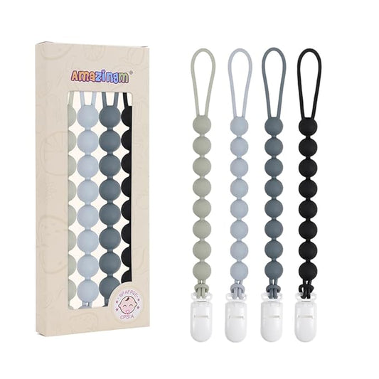 4 Pcs Gray Baby Silicone Teething Pacifier Clip,One-piece Design,Round Shape,Smooth Surface,BPA Free.