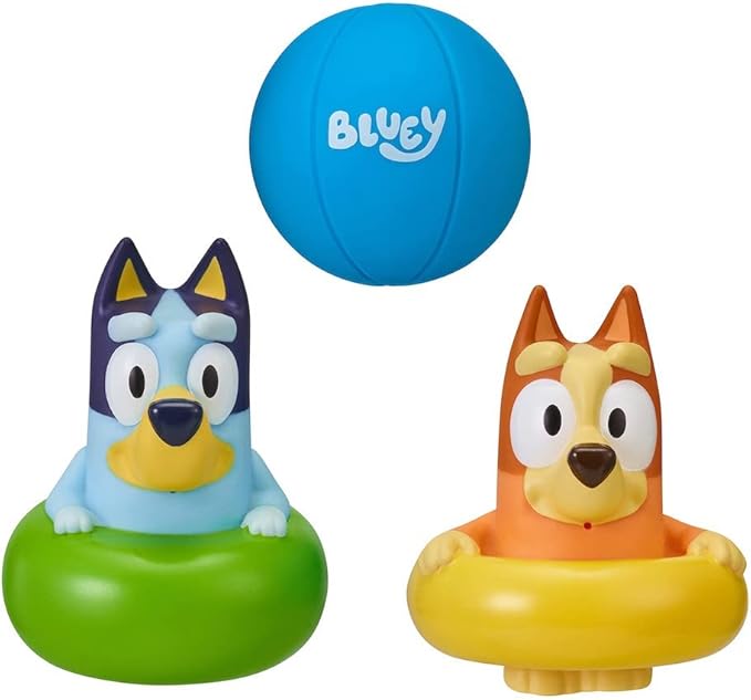 Bluey Bath Squirter Toys Pack of 3, Lightweight Floating Water Toy Set with Bingo and Beach Ball, Squeezable Bath Toys for Toddlers and Kids, Ages 3+
