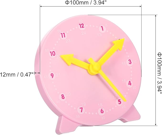 PATIKIL 4 inch Teaching Clock, Learn Clock Learning Tell Time Analog Clock Demonstration Clock 24 Hour 3 Pointers Geared Movement for Classroom Teacher, Pink