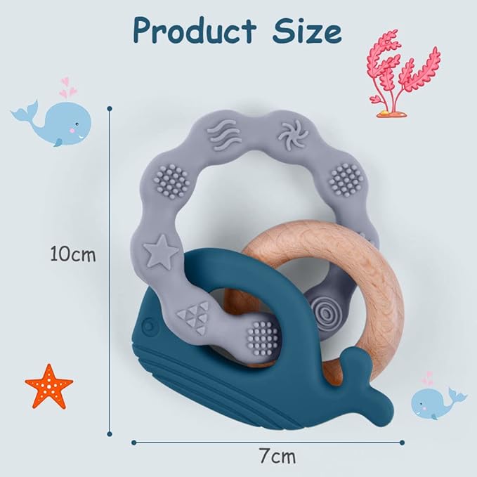 Vicloon Baby Teether Toys, Silicone & Natural Wood Teether Ring, Baby Teething Toys for Babies 3 Months+, Silicone Chewable Rings for Newborn Gift（Blue）