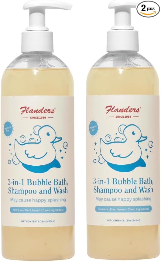 Flanders 3in1 Baby Bubble Bath, Shampoo & Body Wash 15oz Bottles with Pump | Tear-Free, Hypoallergenic Cleanser with Jojoba, Coconut & Argan Oil, Fragrance Free for Sensitive Skin, 2 Pack (30oz Total)