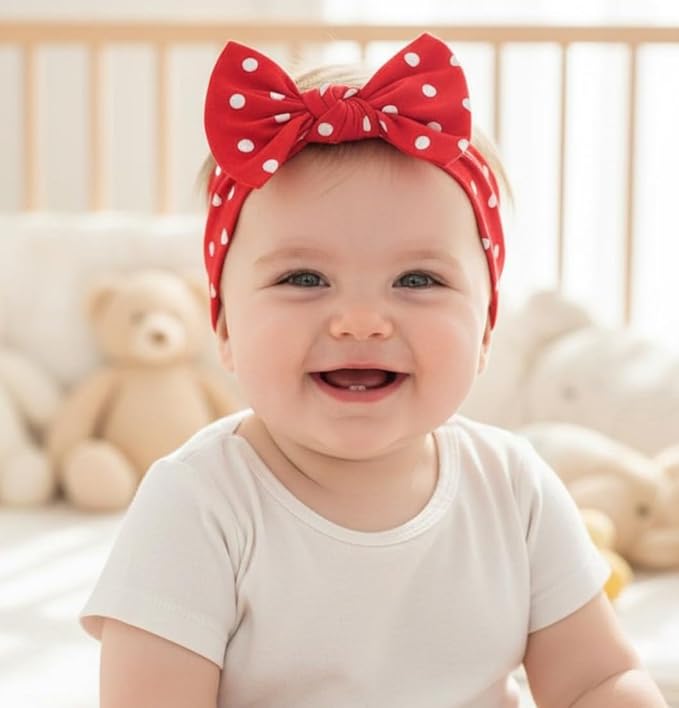 Baby Girl Headbands 0–6 Months – Newborn Infant Soft Cotton Handmade Bow Headband, Stretchy No Mark Baby Hair Accessories (Red with White Polka Dots, 0-6 Month)