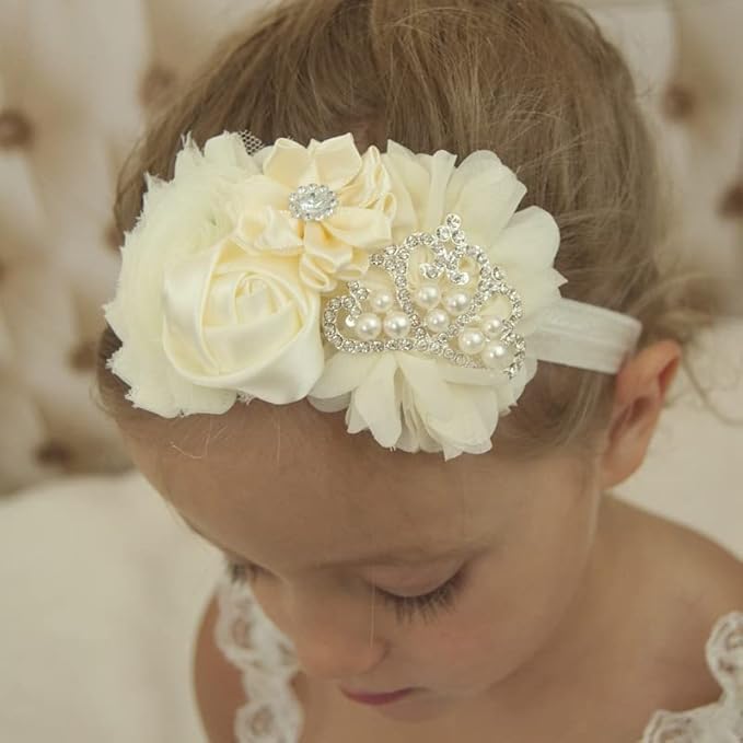 Nishine Baby Christening Headband Toddler Girls Fabric Flower Headband Tiara Stretchy Elastic in Pairs (Child, White/Ivory)