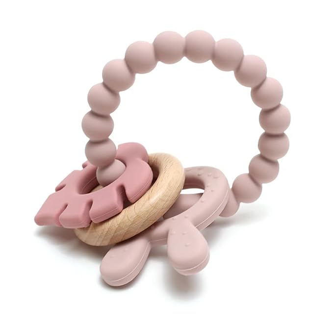 | Bohemian Teether | Baby Teether | Sensory Exploration and Teething Relief | 100% Food-Grade Silicone Teether Toy | BPA Free | Chewbeads | Silicone with Beechwood Ring | (Pink)
