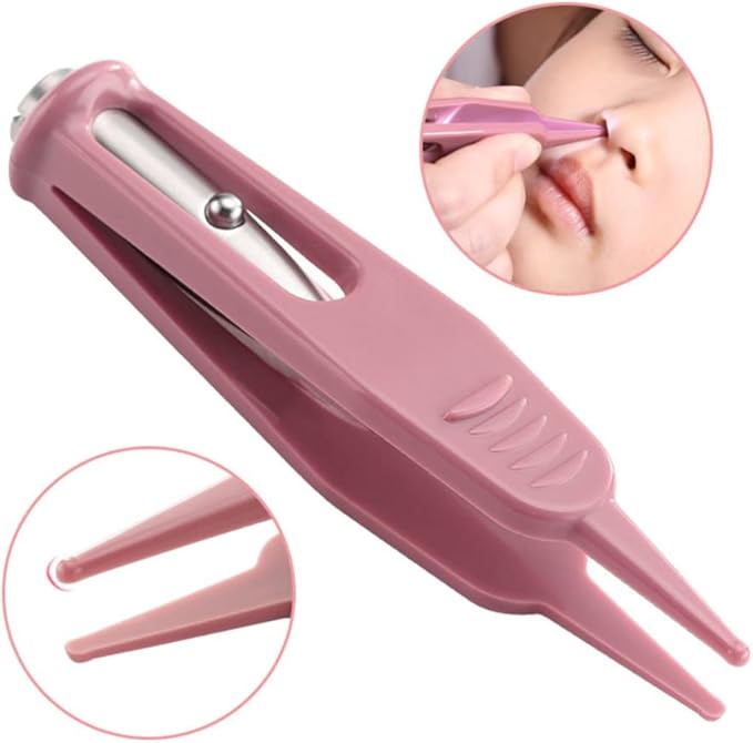 2 Pcs Infant Nose Cleaning Tweezers Round-Head Baby Booger Clips Nose Ear Cleaning Pliers Nose Booger Nippers with LED Light