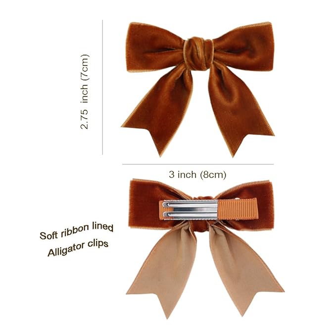 2 Pcs Cute Golden Brown Velvet Hair Bow Clips 3" Bowknot Alligator Clip Barrettes Hairpins for Girl Kids Accessories
