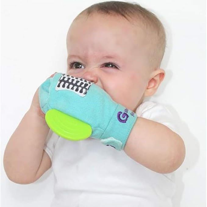 Gummee Glove Baby Teething Mitten 6 Months + Premium Quality Detachable Teether Ring and Travel Bag - Turquoise - Undroppable - Soothe Babies Painful Gums Naturally