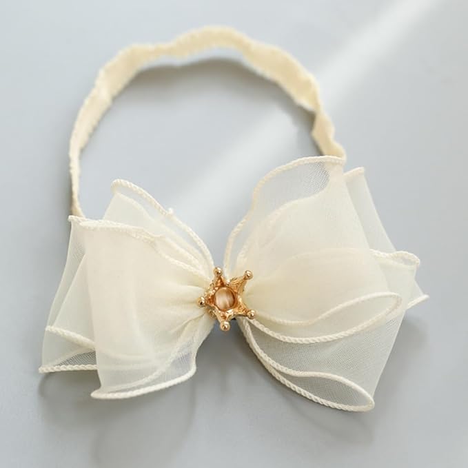 Cute Baby Girl Headband with Lace Bow and Crown Elastic Lace Bow Hair Band Newborn to Toddler Hair Accessory Shower Birthday Party Gift (Ivory, Free)