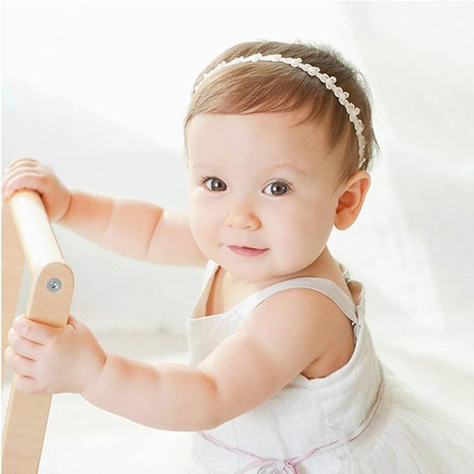 RQJ Christening Headband Baptism Halo Toddler Lace Headband Bows Flowers Pearl Baby Hair Accessories
