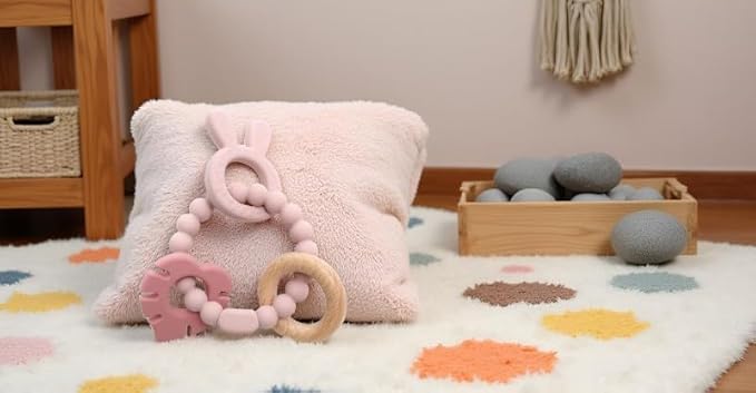 | Bohemian Teether | Baby Teether | Sensory Exploration and Teething Relief | 100% Food-Grade Silicone Teether Toy | BPA Free | Chewbeads | Silicone with Beechwood Ring | (Pink)