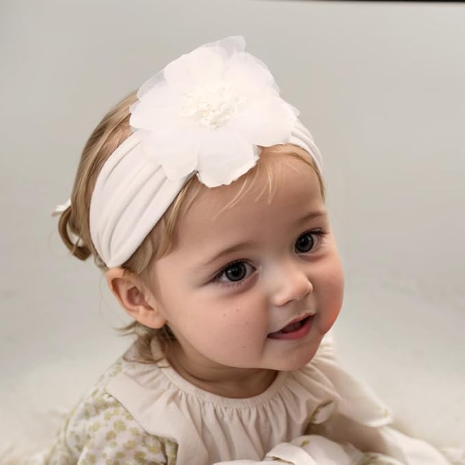 Large Flower Elastic headband for Baby Girl Infant Soft Fabric Chiffon Floral Hairband Toddler Newborn Christening Baptism Hair Accessories (Flower 2 - White, Elastic)