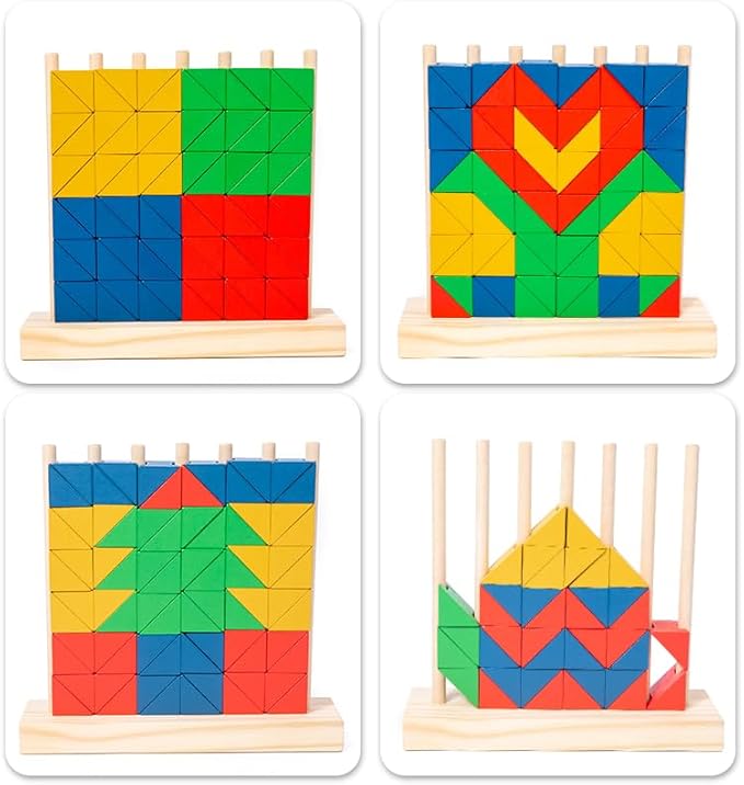 Montessori Wooden Stacking Toy for Kids - Toddler & Preschool STEM Learning Creative Brain Teaser Educational Logic Game - Puzzle Colorful Triangle Blocks