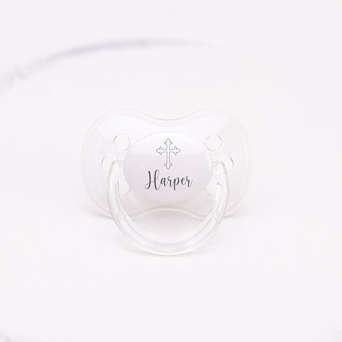 Personalized Pacifier and Pacifier Clip (0-6 or 6-18 Months) BPA-Free CAN BE STERILIZED - Christening Gift/Baptism Gift. Round, Flat and Orthodontic Nipple Available