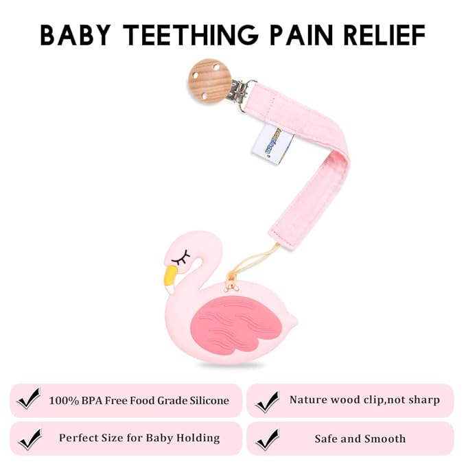 Baby Food Grade Silicone Teether Toy with Pacifier Clip Holder,Teething Pain Relief Toys Gift Set for 3 Months+ Boys and Girls,Freezer Safe,BPA Free (Pink Flamingo)