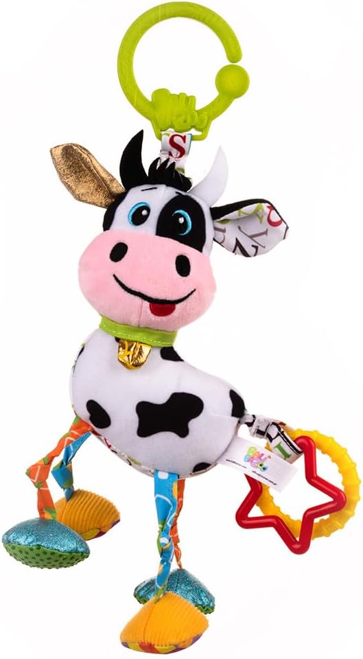 Balibazoo Caesar The Cow Hanging Toy - Developmental Sensory Rattle for Babies 0-24 Months | Vibrating Pull, Crinkle Sounds, BPA-Free Teether | Clips to Stroller, Car Seat | Soft Plush Baby Toy
