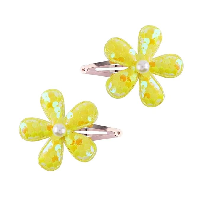 2Pcs Sequins Flower Hair Clips for Girls Cute Snap Hair Clips with Pearl Hair Barrettes Spring summer Hair Accessories Birthday Party Supplies (yellow)
