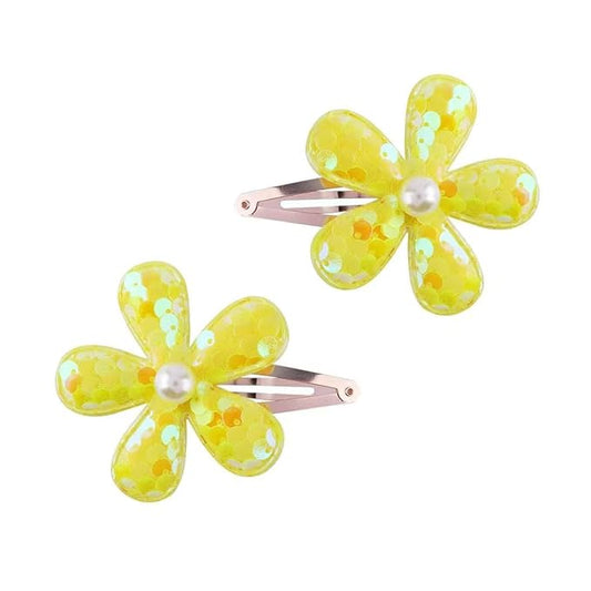 2Pcs Sequins Flower Hair Clips for Girls Cute Snap Hair Clips with Pearl Hair Barrettes Spring summer Hair Accessories Birthday Party Supplies (yellow)