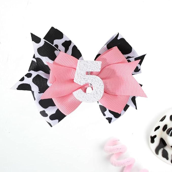 Birthday Hair Bow for Baby Girls - 2Pc Pink Sprinkle Hair Clips for 2nd Birthday Glitter Ice Cream Baby Bow Party Decorations for Girls Toddlers Hair Accessories (Cow Print -5 Years)