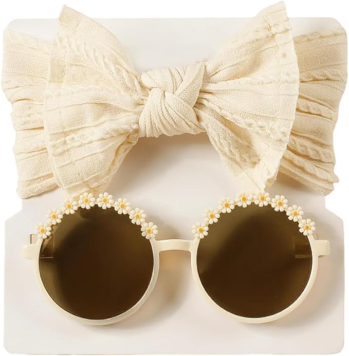 Baby Girls Soft Bows Headband and Daisy Flower Sunglasses Set Hair Bow Headwrap Hair Accessories for Toddler Infant