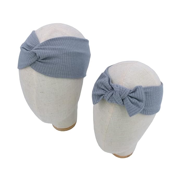 Sugarmelon Mommy and Me Headband Set Mother Baby Matching Turban Headbands for Toddler Baby Girls Women Scrunchies Hair Bow Hairbands (Vanilla and Smoke Blue)