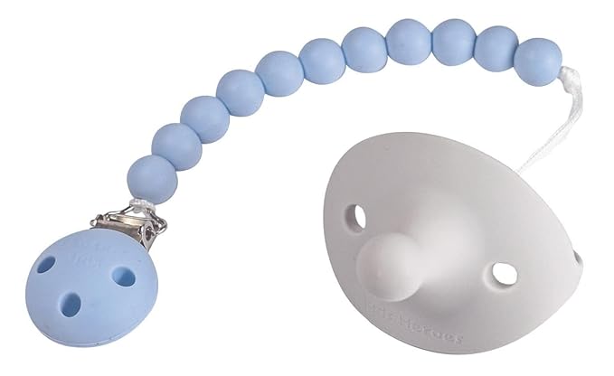 Kids Heroes Silicone Pacifier Holder Clip with One Piece Design for Baby, 2 Pack (Blue and Grey)