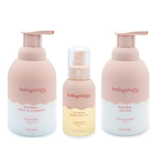 Babyology BUNDLE - 100% Edible Ingredients - Baby Wash & Shampoo + Lotion + Oil - Perfect Baby Daily Routine