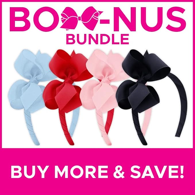 Wee Ones Girls' Classic Grosgrain Headbands with Grosgrain Bows and a Plain Wrap Center, 4 Pack, Medium Bows, Millennium Blue, Red, Light Pink, and Navy