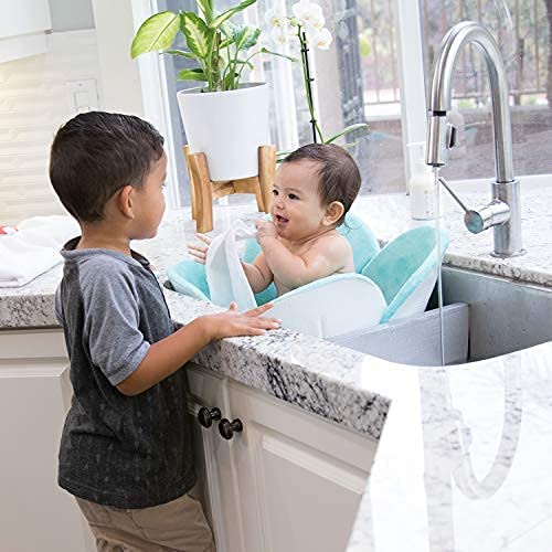 Blooming Bath Poppy Flower Bath Mat - Sink Bathtub Cushion for Baby - Plush Minky Fabric for Newborn to 6 Months - Washer-Safe Infant Newborn Essentials - Baby Shower Gifts for New Mom (Seafoam/Brown)