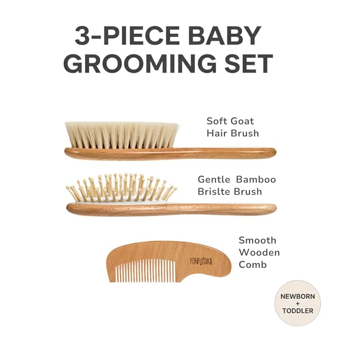 Baby Hair Brush Set for Newborns & Toddlers - Baby Brush and Comb Set - Ultra Soft Goat Hair Bristles, Perfect for Cradle Cap, Newborn Showers & Registries Gift, Comb Brush for Girls & Boys (Walnut)