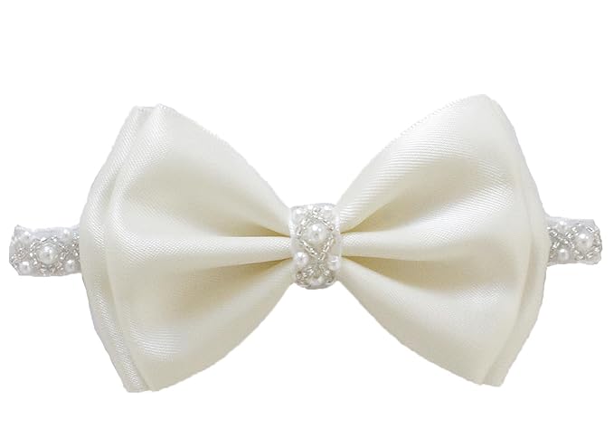 0-12 Newborn Baby Baptism Pearl Headband or Clip with Bow in WHITE Christening Headband with Satin Bow, Pearl Rhinestone Band (Cream(0-3Months), 1 Count (Pack of 1))