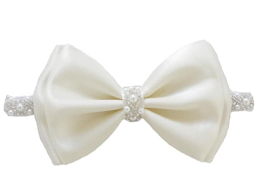 0-12 Newborn Baby Baptism Pearl Headband or Clip with Bow in WHITE Christening Headband with Satin Bow, Pearl Rhinestone Band (Cream(3-6Months), 1 Count (Pack of 1))
