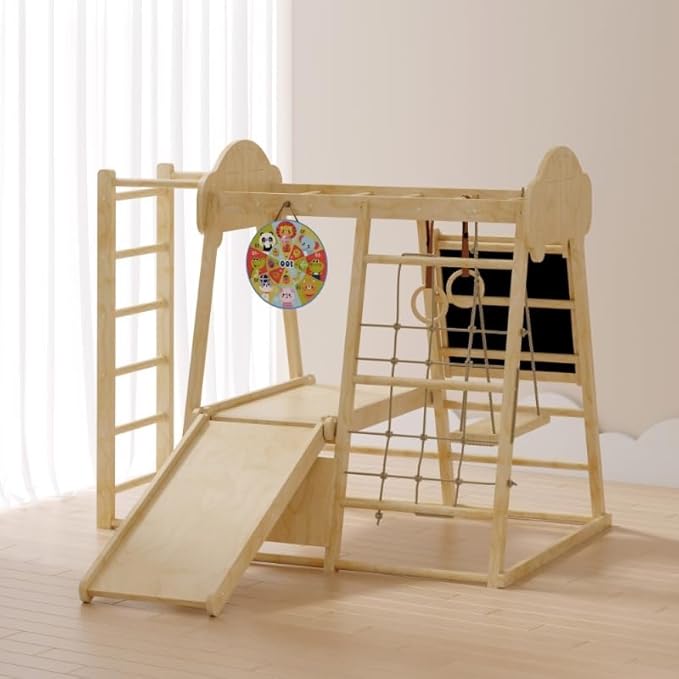 9-in-1 Indoor Jungle Gym, Montessori Indoor Playground for Toddlers,Wooden Climber Set with Swing, Slide, Monkey Bars, Climbing Neting, Upright Ladder, Climbing Ladder, Rings, Black Board, Dart Board