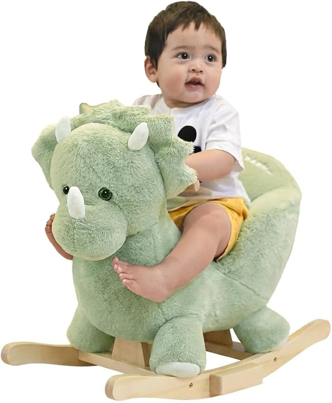 Rock My Baby Rocking Horse Green Dinosaur with Chair, Plush Stuffed Animal Rocker for Toddlers 1-3, Baby Rocker with Sweet Music, Wooden Rocking Horse Baby Animal Rocker,CPC Certified