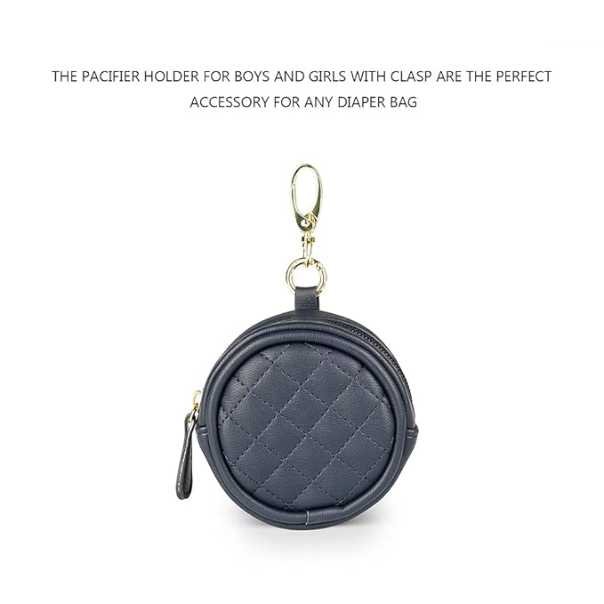 MOMIGO Pacifier Case Bag - Leather Pacifier Holder with Clip for Diaper Bag Stroller Purse Charm, Holds 2 Pacifiers Outdoor Travel (Dark Blue)