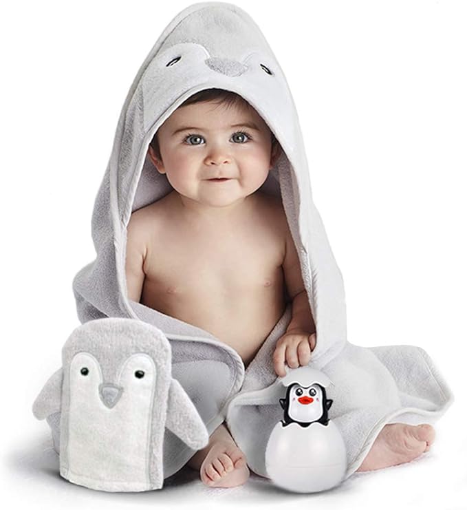 Happy & Sweet Baby Gift Set - Bamboo Viscose Hooded Penguin Bath Towel, Mitt Washcloth, and Squirt Bath Toy for Boys and Girls - Gray - Bonus eBook Included
