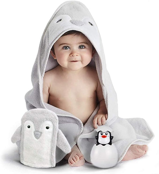 Happy & Sweet Baby Gift Set - Bamboo Viscose Hooded Penguin Bath Towel, Mitt Washcloth, and Squirt Bath Toy for Boys and Girls - Gray - Bonus eBook Included
