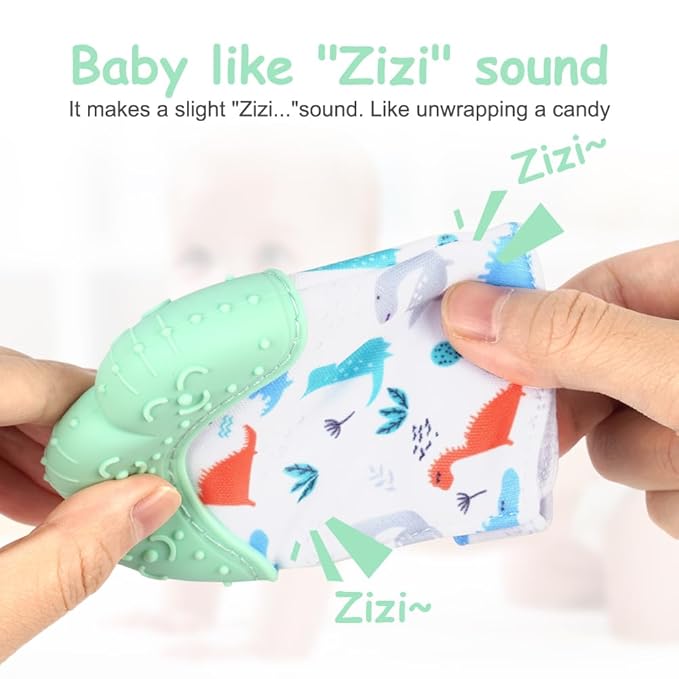 Vicloon Silicone Teething Mitt, 2Pcs Mitten With Adjustable Strap, Crinkle Sound and Textured, Self-Soothing Chew Toys for 0-6 Month Infants