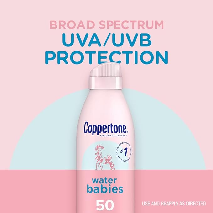 Coppertone WaterBabies Baby Sunscreen Spray SPF 50 (6 Oz) + Pure and Simple Baby Mineral Sunscreen Stick SPF 50 with Zinc Oxide, Tear Free (0.49 Oz) Hypoallergenic and Oxybenzone Free
