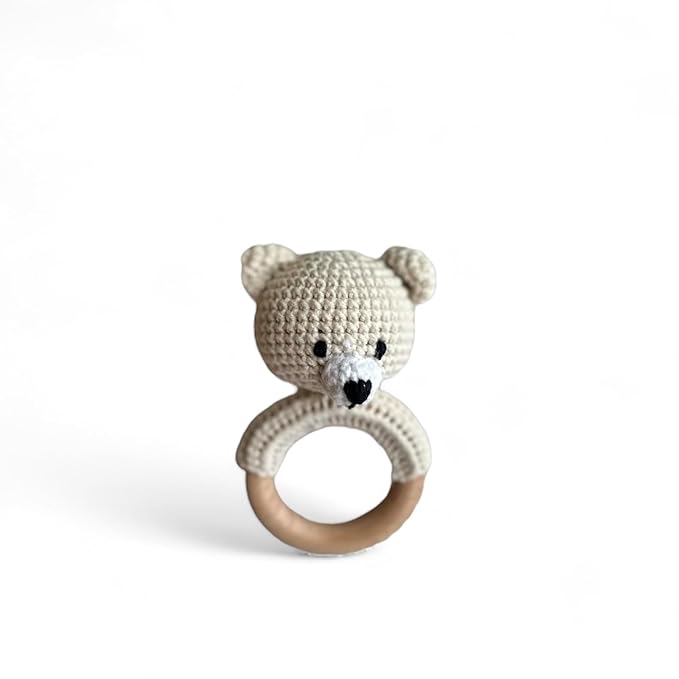 Organic Cotton Handmade Crotchet Bear Rattle, Toy, teether and Pacifier Holder Baby Shower/Birthday Gift Set.