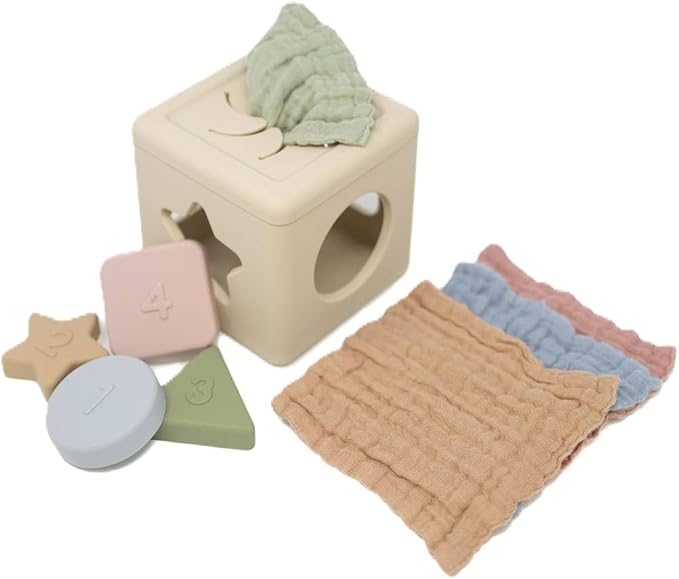 Brooklyn Neutral Silicone Shape Sorter & Tissue Box Toy with Organic Muslin Cotton Cloths - Baby Toys for Development - Montessori Learning Toys for 1 Year Old-Educational Non-Toxic Toy