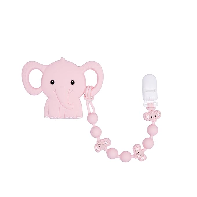 Cute Animal Baby Food Grade Silicone Teether Toy with One Piece Design Pacifier Clip Holder,Teething Pain Relief Toys Gift Set for 3 Months+ Boys and Girls,Freezer Safe,BPA Free (Elephant)