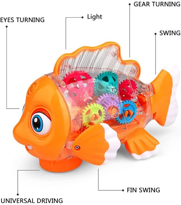 Nenekal Transparent Electric Gear Gold Fish Toddler Toy with Music & Lights. Bump and Go Technology. Perfect for Babies Tummy Time, Educational STEM Gear Toys for Boys Girls 3+