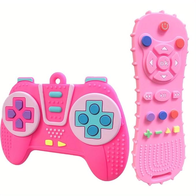 2 Pack Baby Teething Toys, Game Controller & TV Remote Shape Teether Set for Babies 6-12-18 Months, Gamer Silicone Chew Toys, BPA Free Relief for Infant Gum Pain