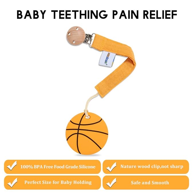 Baby Food Grade Silicone Sports Shape Teether Toy with Pacifier Clip Holder,Teething Pain Relief Toys Gift Set for 3 Months+ Boys and Girls,Freezer Safe,BPA Free (Basketball)
