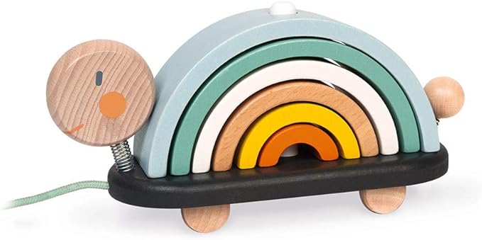 Janod - Sweet Cocoon Wooden Rainbow Turtle Stacking and Pull Toy 7 Piece Building and Nesting Stack with 6 Pastel Arches, Wobbling Head and Tail and String - Ages 18 Months+ - J0440