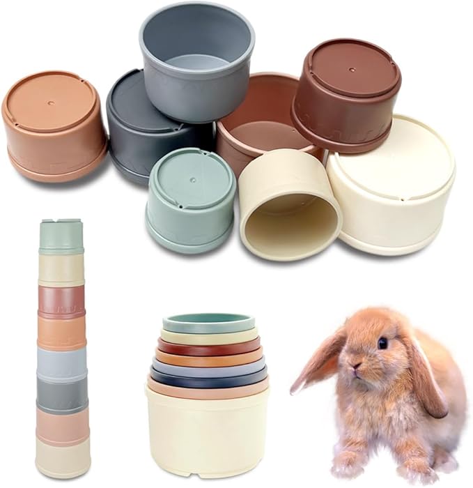 Qoaimu 8 Pcs Bunny Toys Stacking Cups for Rabbits and Small Animals, Colorful Reusable Nesting Cups of Different Sizes, Safe Plastic Stackable Foraging Toys for Hiding Food and Play