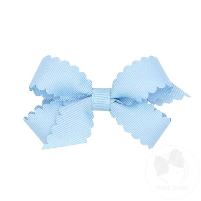 Wee Ones Girls' Classic Grosgrain Hair Bow with Scalloped Edges, No-Slip Hair Clip, Handmade, Millennium Blue, Mini