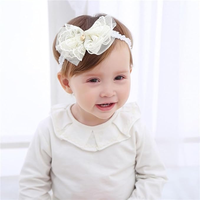 Lace Flower Bow Baby Girls Headband Pink Knot Infant Wrap Soft Chiffon Elastic Baby Turban Hair Band for Newborn Infant Toddler Kids (Ivory D)