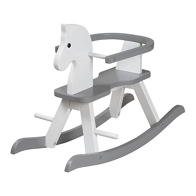Roba Wooden Rocking Horse - White & Gray - Solid Wood Lacquered, Ride-On, Grows With the Child, Removable Protective Ring, 55 Lb Capacity, For 18+ Months